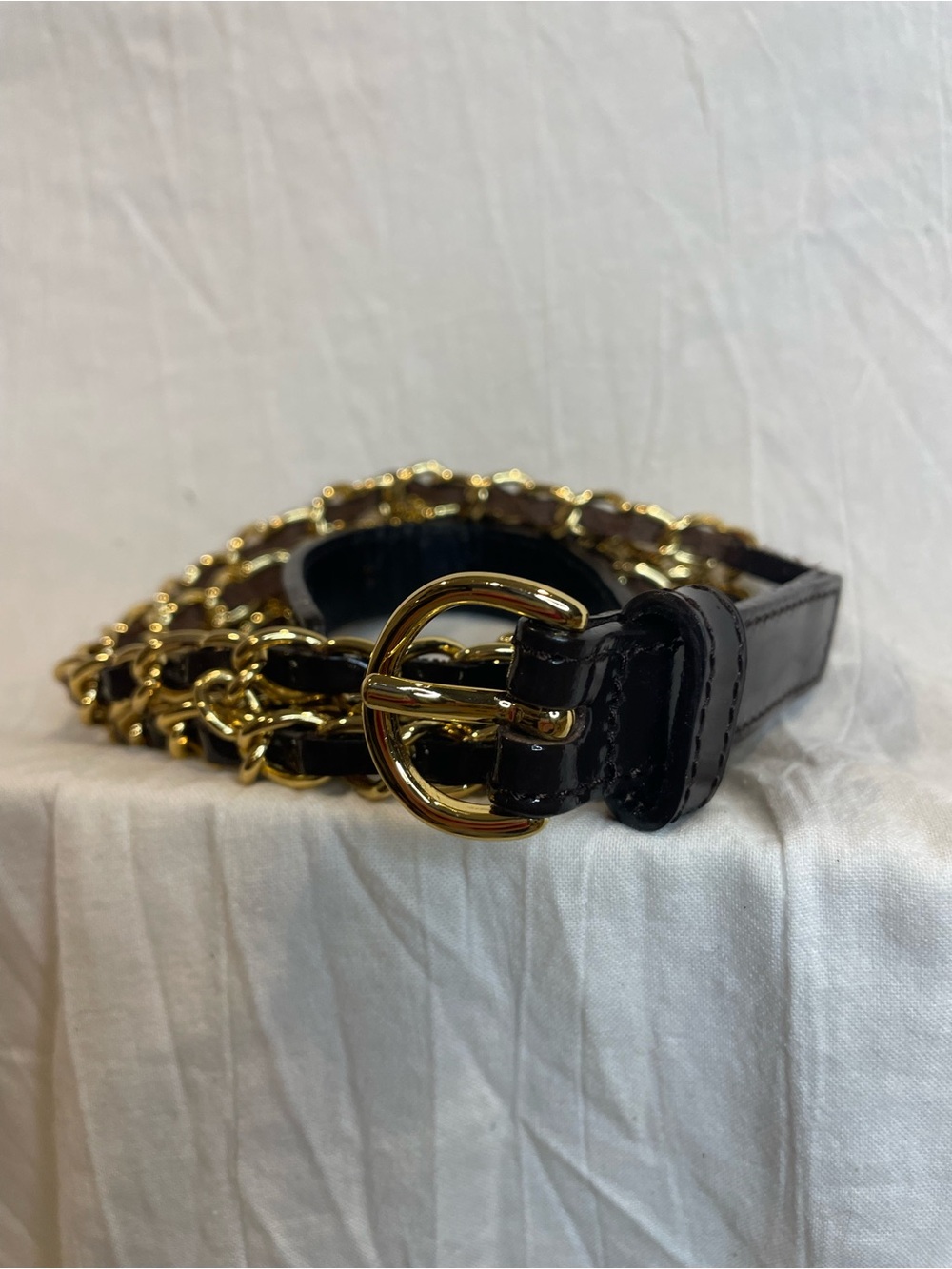 Talbots Black Leather Gold Chain Belt XS Vintage Style Statement Belt